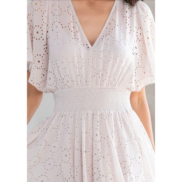 It’s All Love Chiffon Maxi Dress Medium – Boho Resort Laser-Cut Metallic Detail - Picture 10 of 12